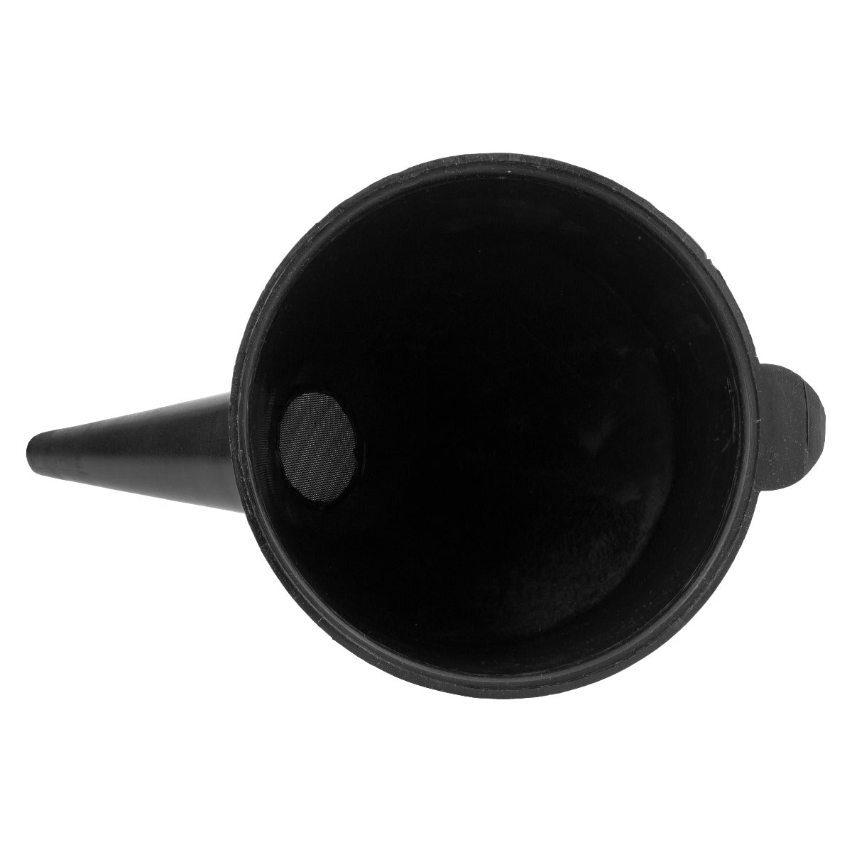 Black fuel funnel opening with built-in filter mesh and angled nozzle