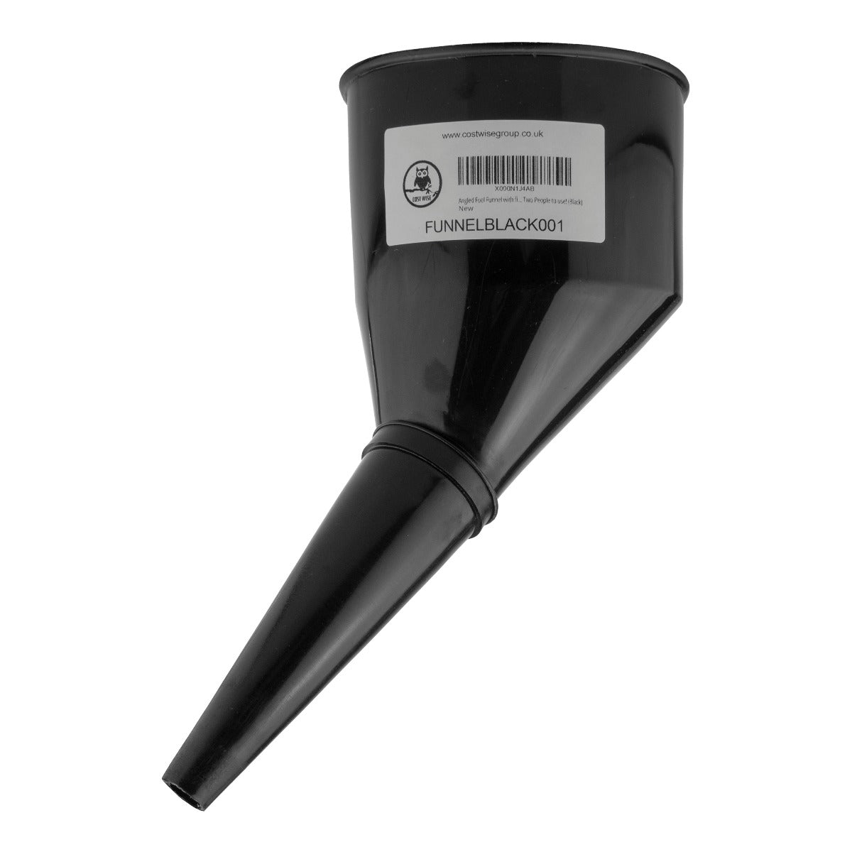 Black fuel funnel with filter insert and label on top housing