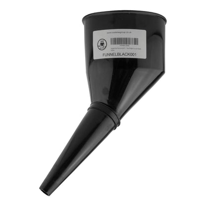 Black fuel funnel with filter insert and label on top housing