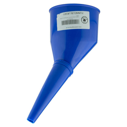 Blue fuel funnel with label on top and angled plastic spout