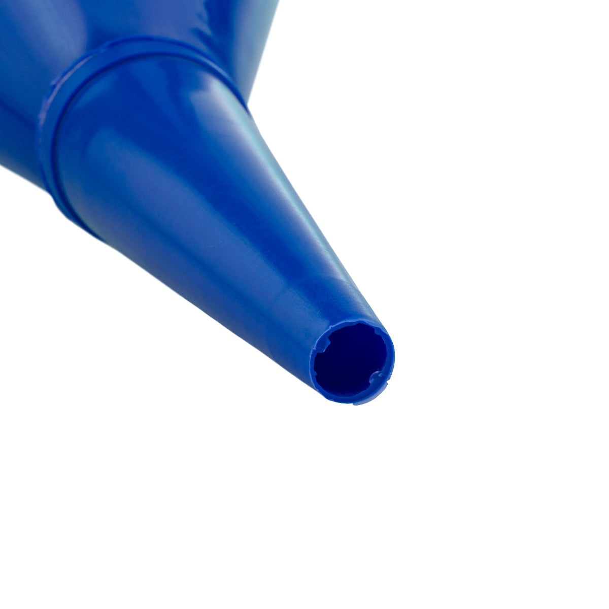 Close-up of blue fuel funnel outlet tip with open round spout