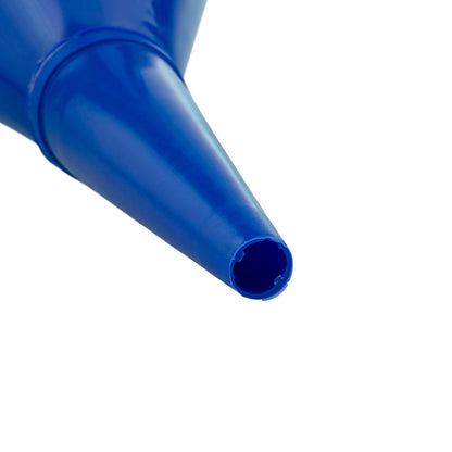 Close-up of blue fuel funnel outlet tip with open round spout