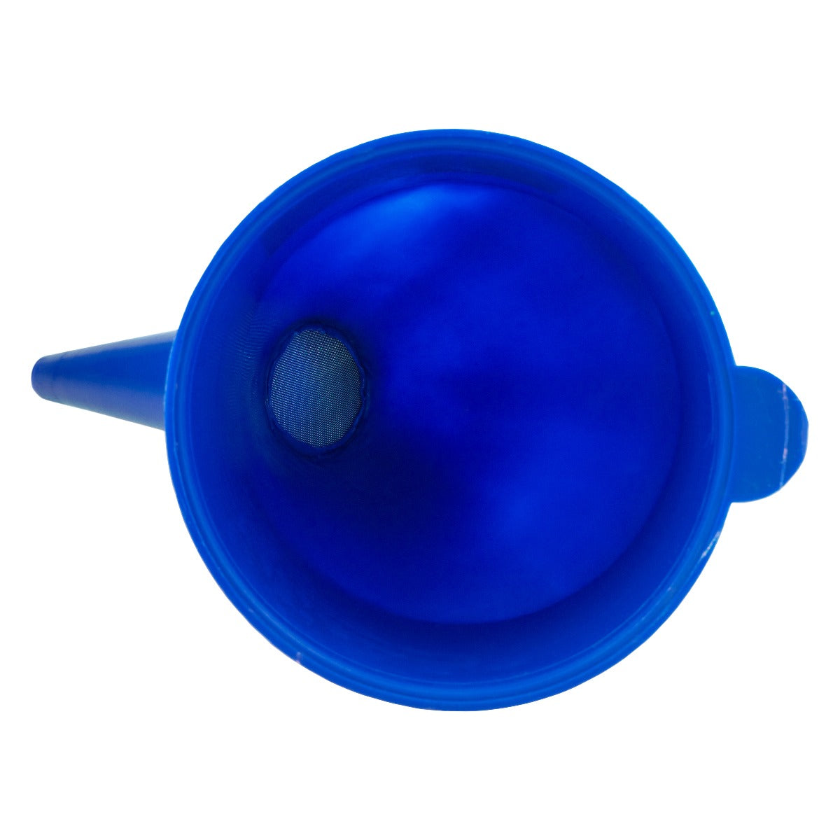 Blue funnel top view showing mesh filter insert and round intake rim