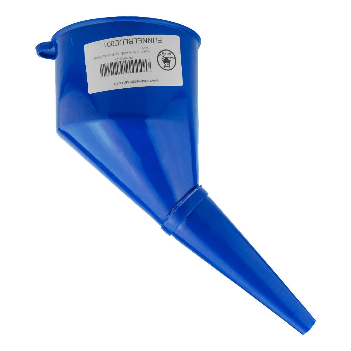 Blue angled car fuel funnel with filter, plastic spout and wide top opening