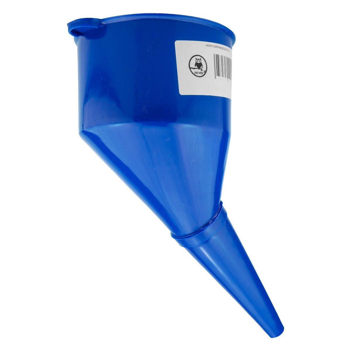 Blue angled fuel funnel with label on top and long spout for cars