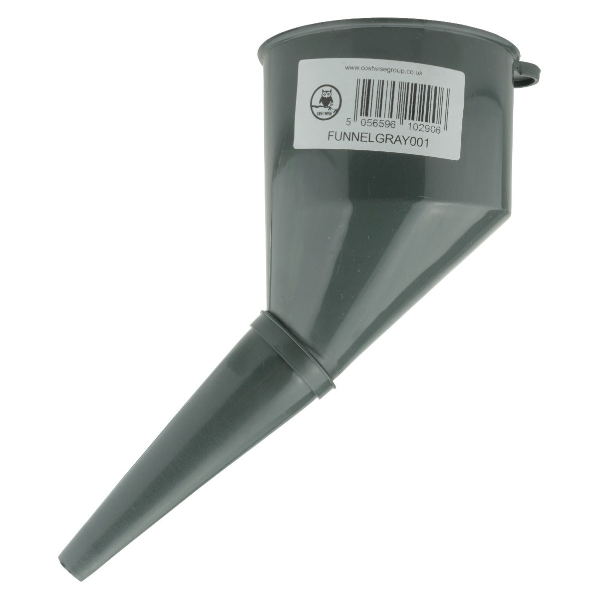 Gray angled car fuel funnel with filter, long spout and wide opening