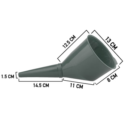 Gray fuel funnel with filter; dimensions 14.5 x 11 x 12.5 cm shown