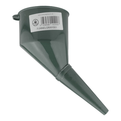 Gray angled fuel funnel with label and side handle tabs