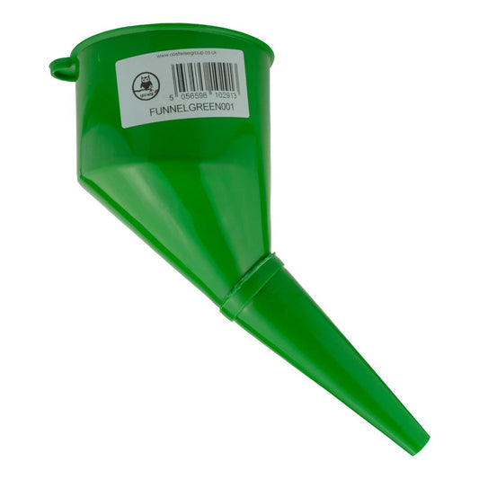 Green angled car fuel funnel with filter, long spout and wide top