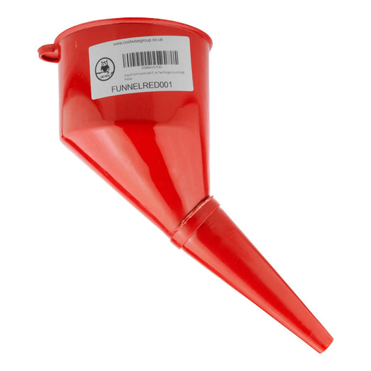 Angled red car fuel funnel with short spout and rim, showing label