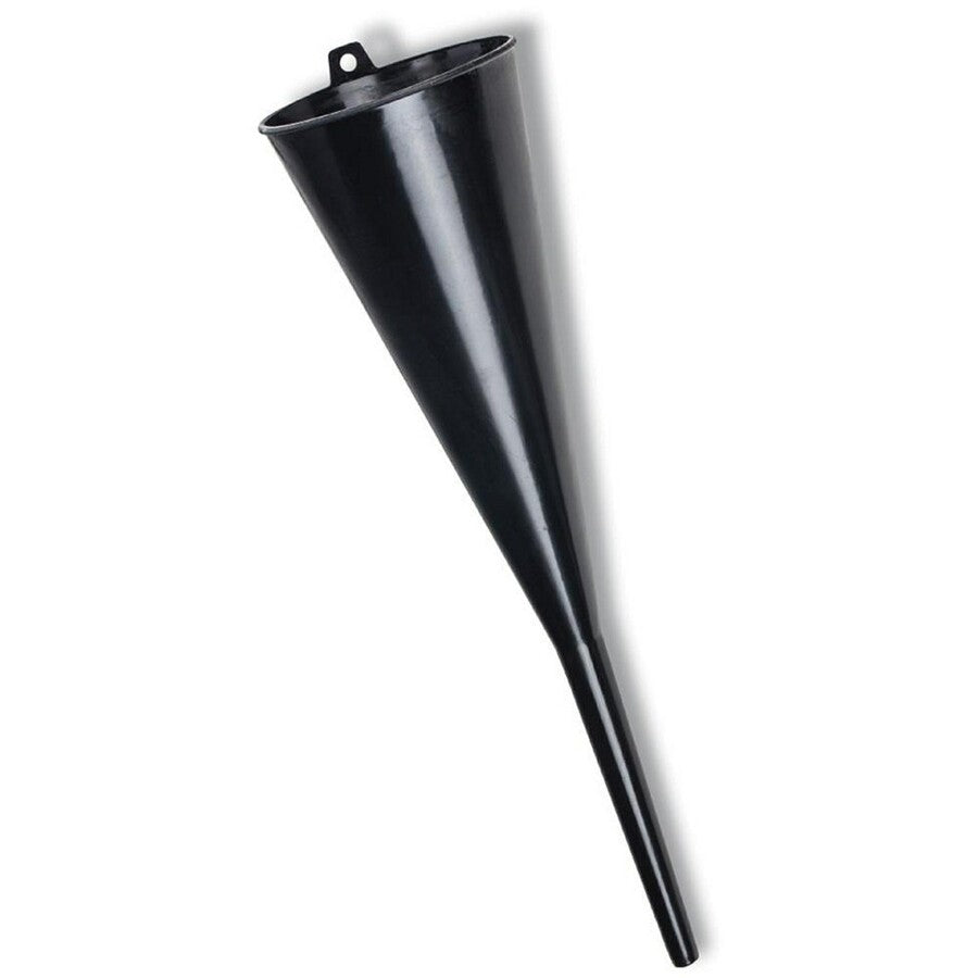Long black funnel with mounting tab, glossy black finish on white