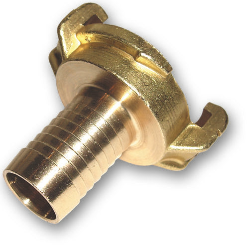 Brass 1-inch claw hose fitting with barbed ends and metal clamp tabs