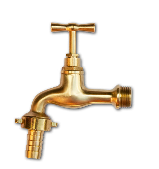 Polished brass garden tap with cross handle, 1/2" BSPM and 15mm barb outlet