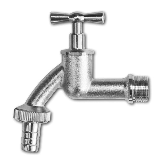 Brass garden bib tap, nickel plated, 3/4" BSPM inlet, plastic barb outlet