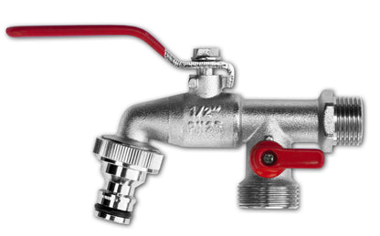 Double garden tap with 3/4" marking, red lever handle and blue control