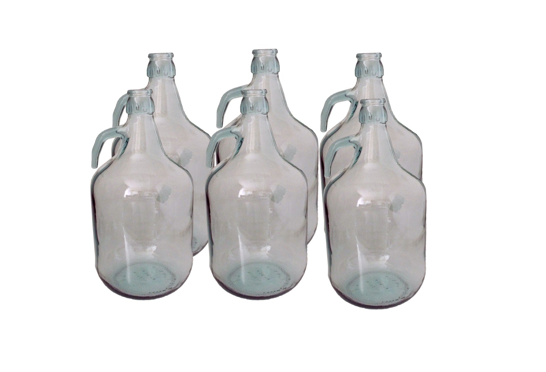 3 clear 5L glass demijohns with loop handles and narrow necks