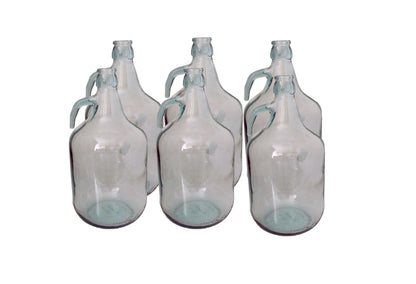 3 clear 5L glass demijohns with loop handles and narrow necks