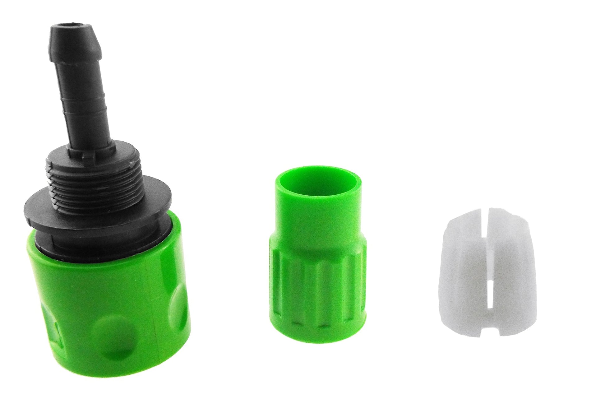 Green expanding hose connector parts: green body, black insert, white spacer pieces