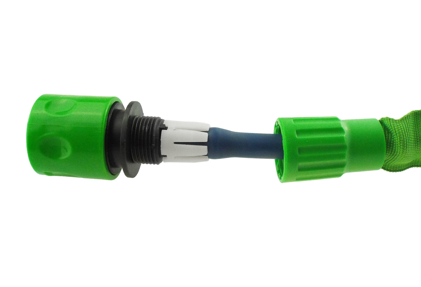 Green expanding hose connector with white inner tips and ridged green end grip