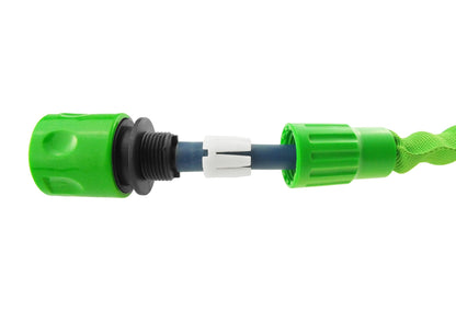 Green expanding hose connector assembled with inner white tips and black threaded hub