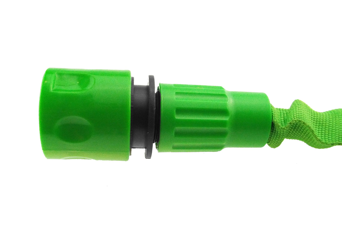 Green expanding hose connector with black collar and ridged grip section