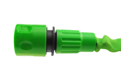 Green expanding hose connector with black collar and ridged grip section