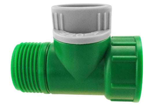 Tap adapter with valve in green and grey, 3/4" BSPM-F threaded connection
