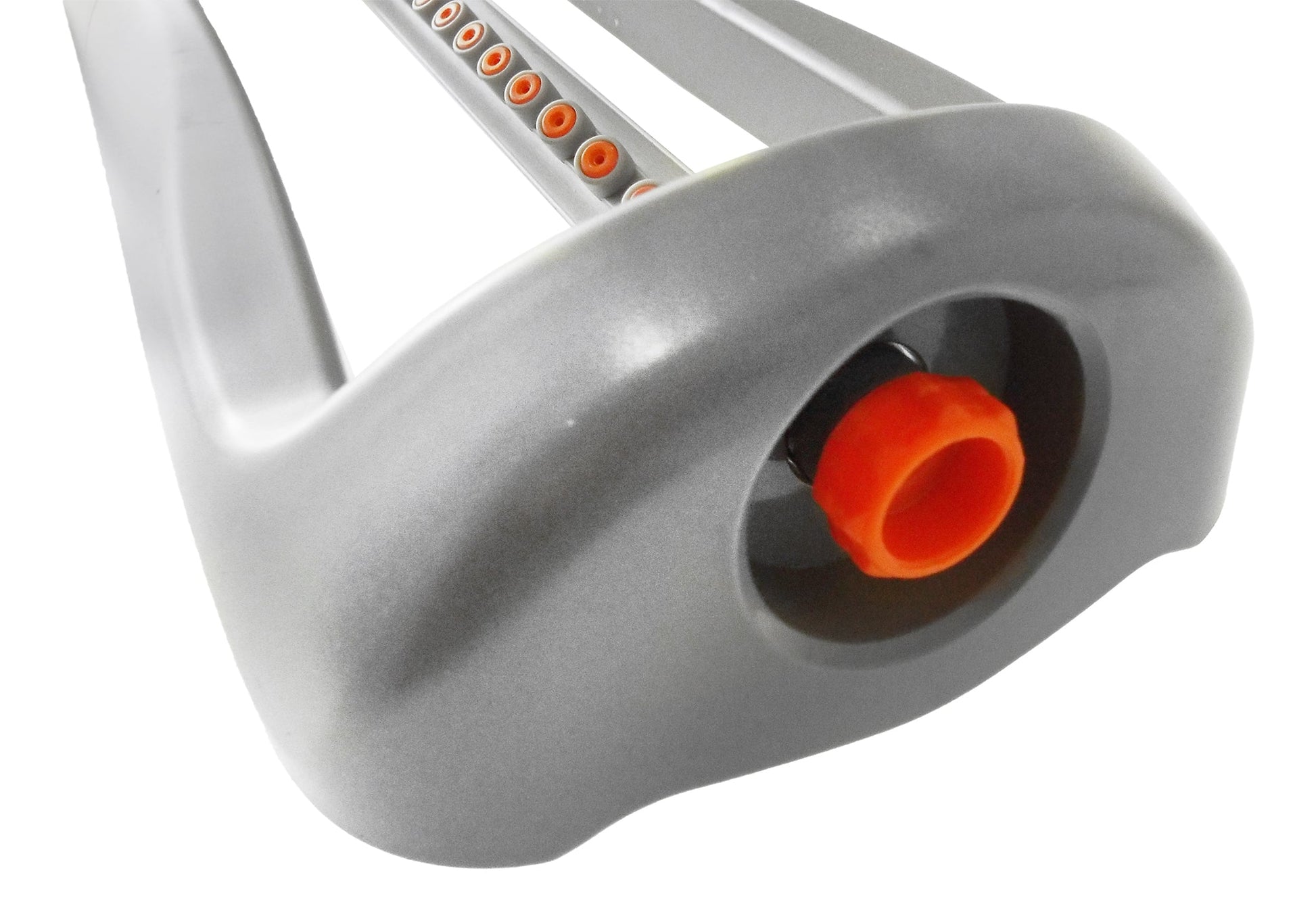 Oscillating sprinkler inlet with orange control insert in gray housing