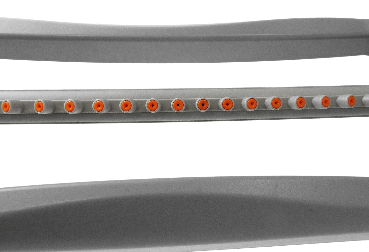 Gray oscillating sprinkler bar with evenly spaced orange spray outlets