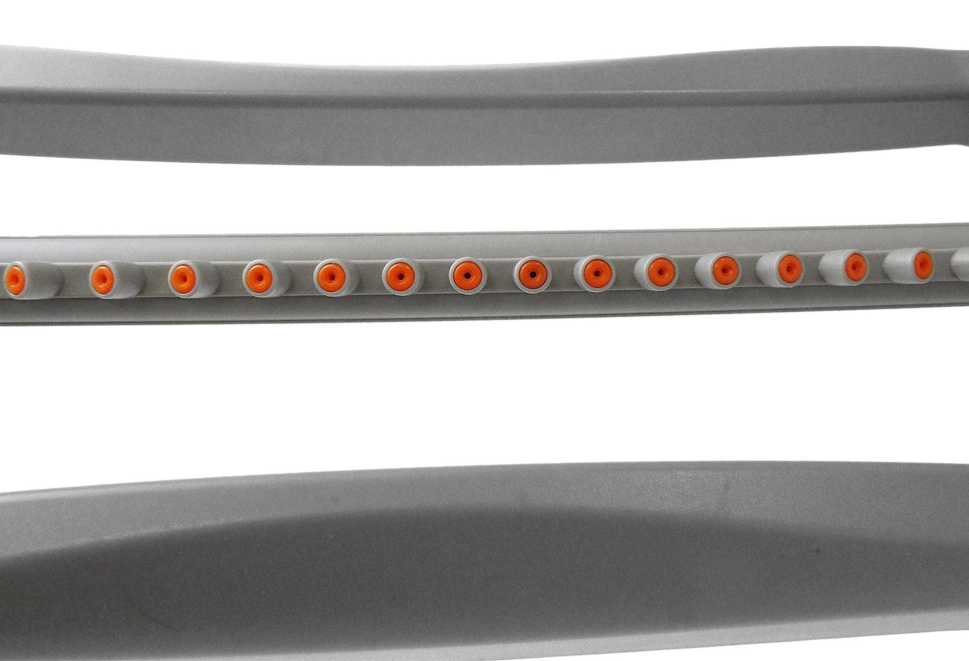 Gray oscillating sprinkler bar with evenly spaced orange spray outlets