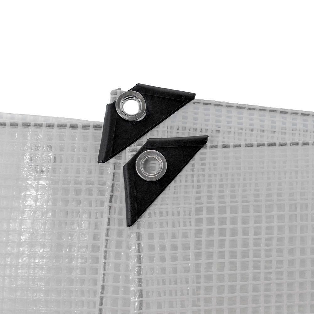 Clear tarpaulin corner with black triangular patch and metal eyelet