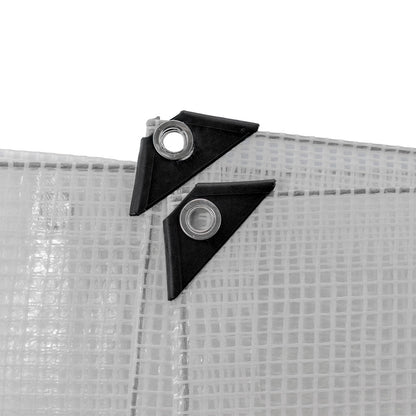 Clear tarpaulin corner with black triangular patch and metal eyelet