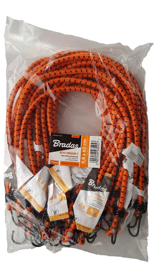Orange bungee cord with metal hooks, 60cm length, packed in bag