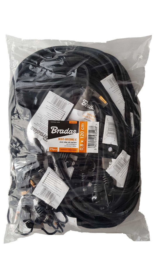120cm bungee cord with black elastic and metal end hooks, in bag