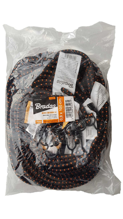 100cm bungee cord with metal hooks, orange-and-black patterned rope, in sealed bag