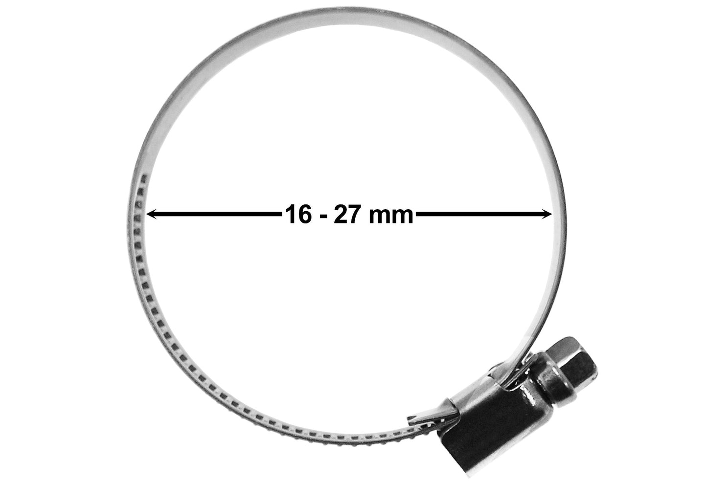 A2 hose clip 16–27 mm with screw housing and perforated metal band