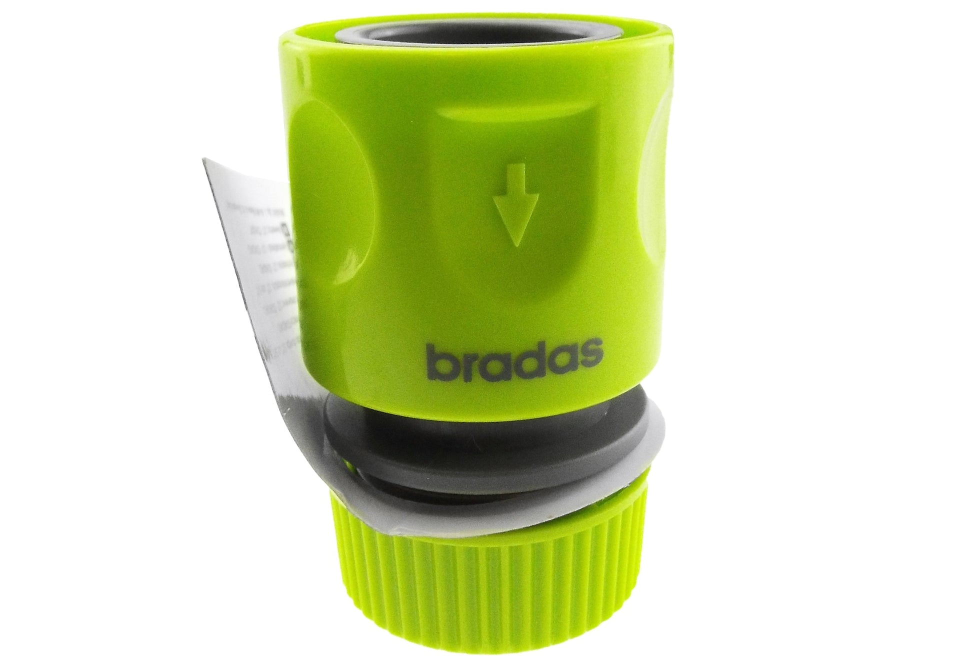 Lime-green hose connector with gray insert and black seal ring, ribbed cap