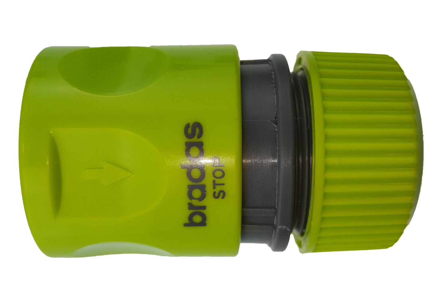 Lime-green hose connector with gray ribbed end and black rubber O-ring seal