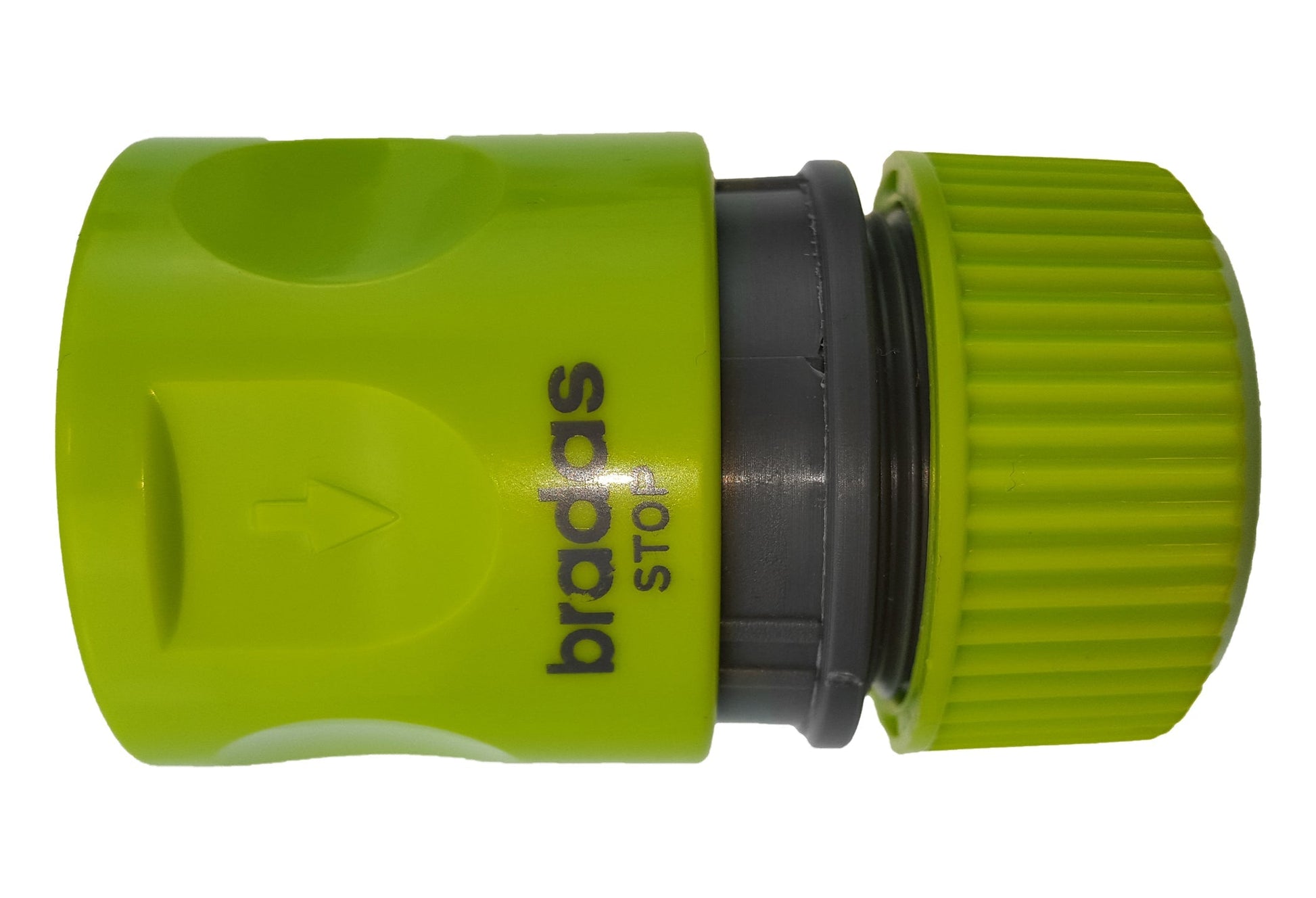 Lime-green hose connector with gray ribbed end and black rubber O-ring seal