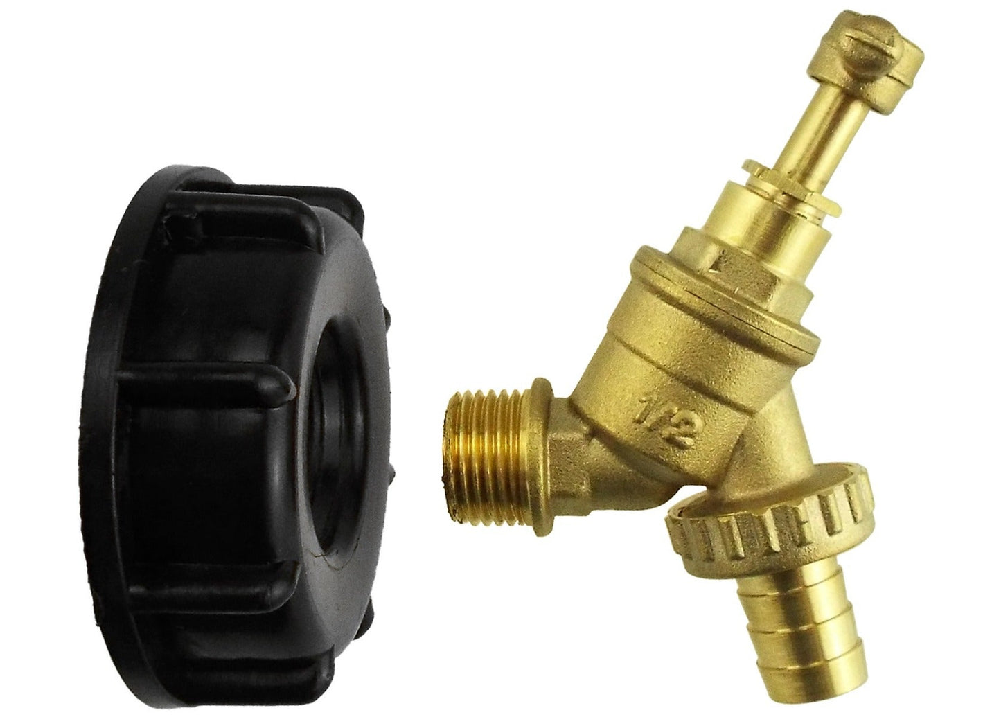IBC KIT 002A brass valve with black inlet cap, angled outlet and lever