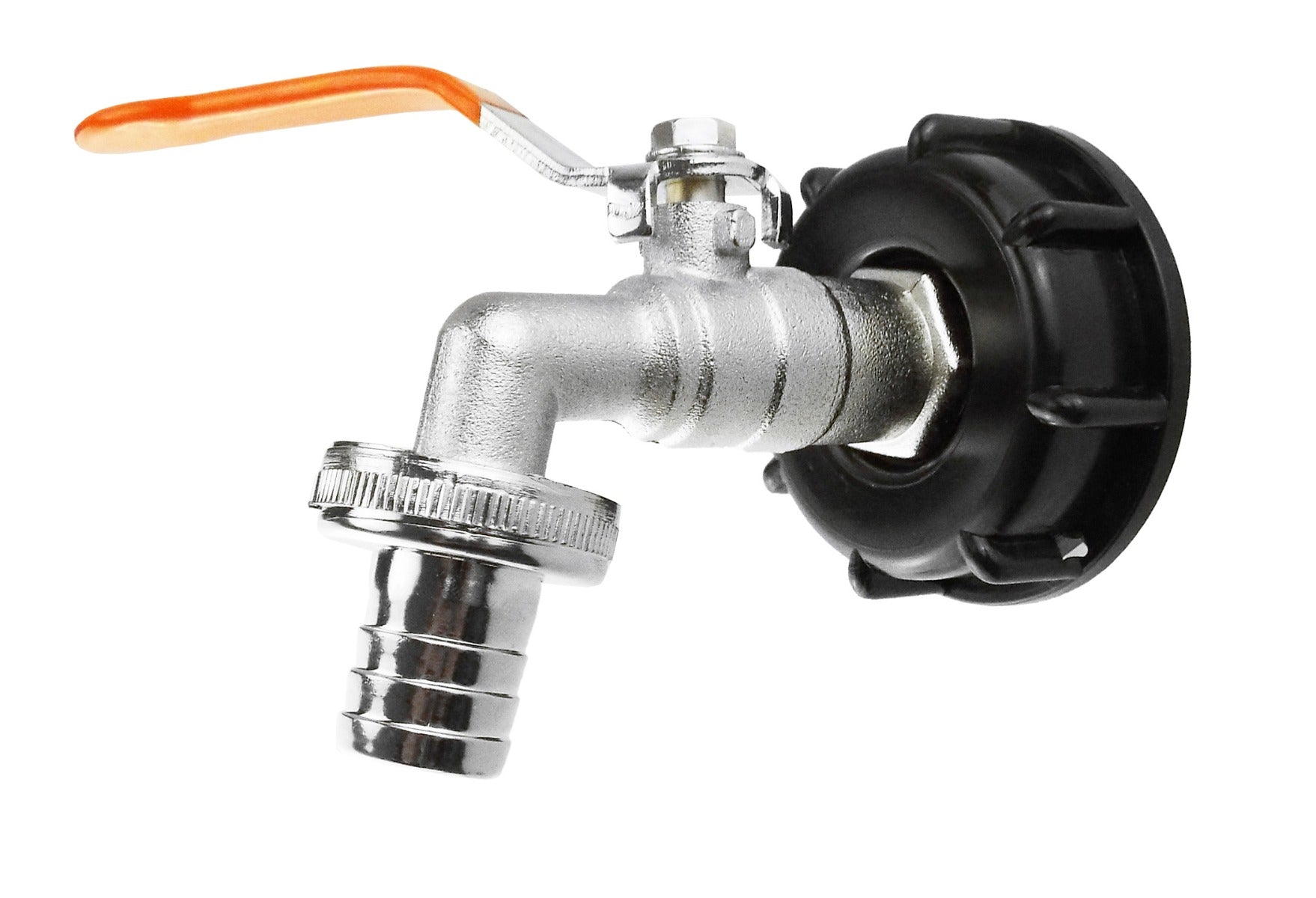 IBC-Kit 003A-Z: Absperrhahn aus Metall mit geriffeltem Anschluss und schwarzem Ventilkopf