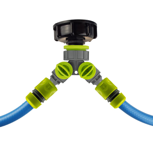 2'' S60X6 cap with two-way valved splitter; blue hose ends, green valve ports