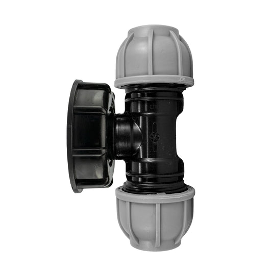 IBC cap with 2 inch S60X6 thread and 20mm MDPE tee outlet