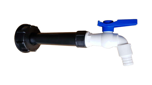 IBC 2" S60X6 Filterkappe mit weißem Anschluss und blauer Zapfhebel-Vorrichtung