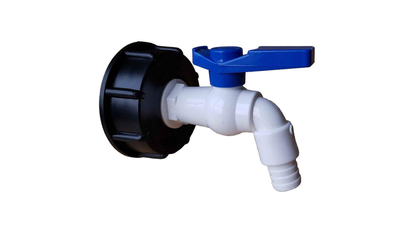IBC 2" S60X6 cap with white and blue plastic tap, side view