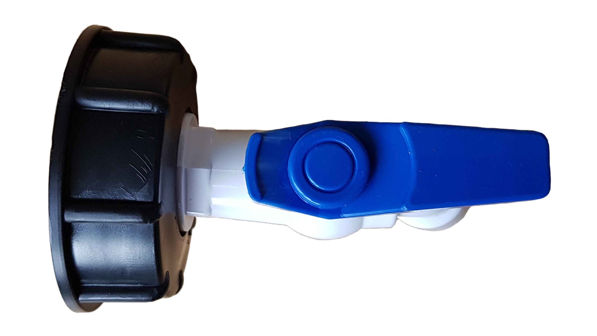 IBC 2" S60X6 tap cap with white valve body and blue handle