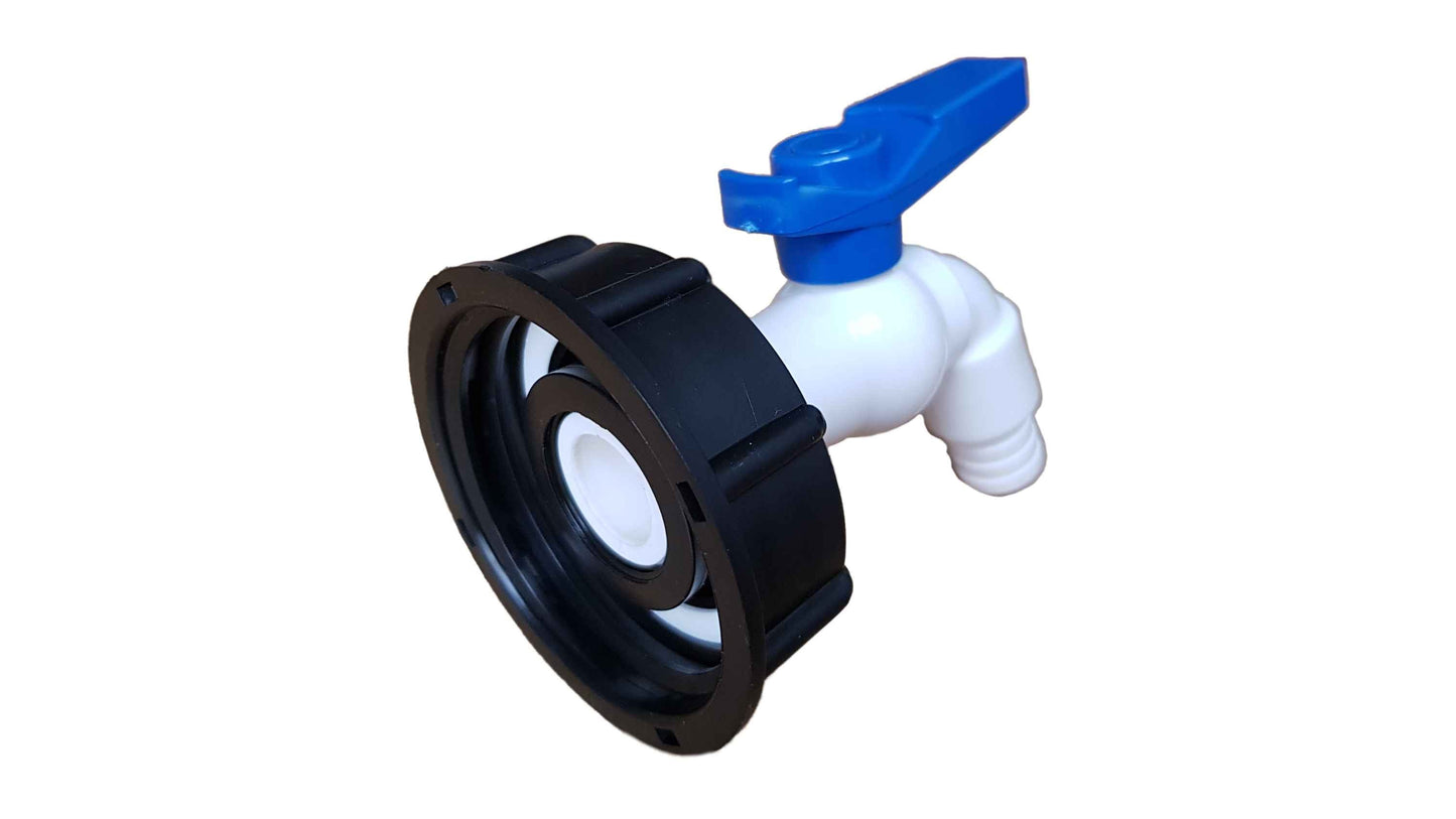 IBC 2" S60X6 tap outlet with black sealing face, white pipe, blue lever