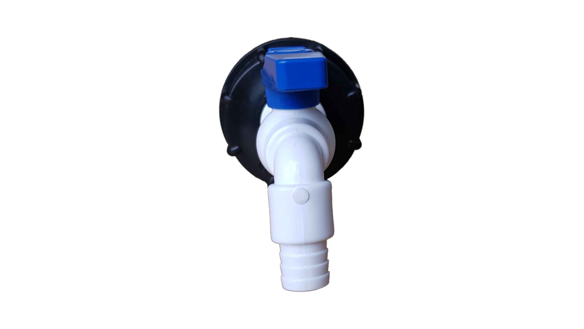 IBC 2" S60X6 cap and white tap body with blue top lever, front view