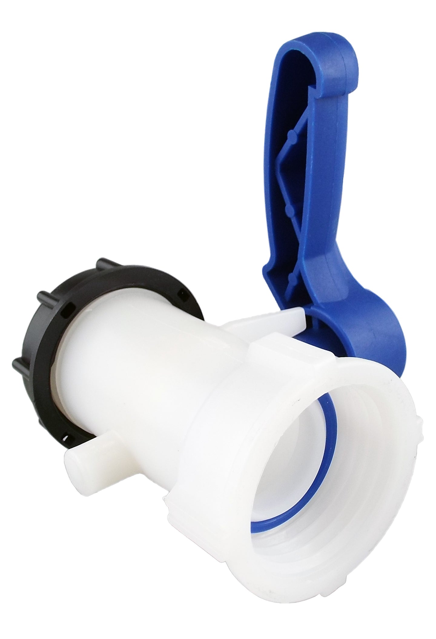 White IBC camlock connector with blue lever and black locking ring