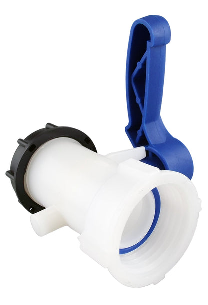 White IBC camlock connector with blue lever and black locking ring
